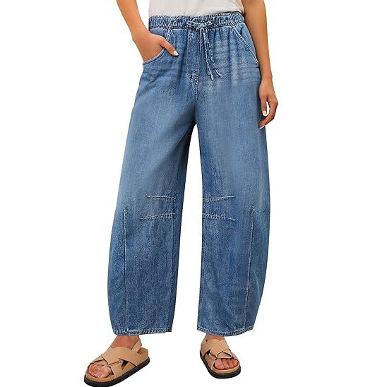 Damer vida denim-byxor med elastisk midja och praktisk skärning Mirla-Eva Jonsson