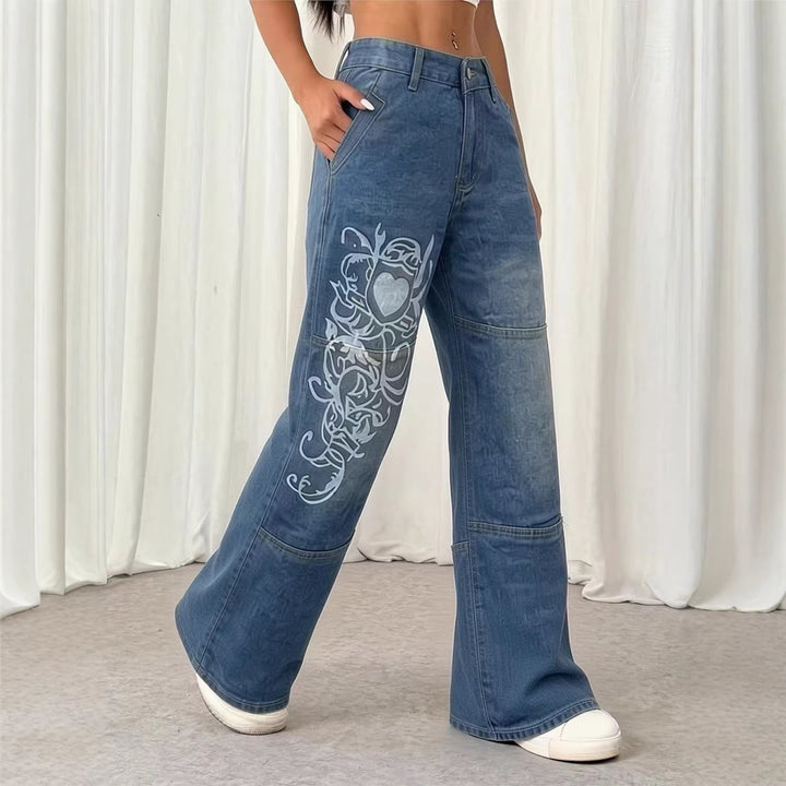 Damer vida jeans med konstnärlig tryck Mirla-Eva Jonsson