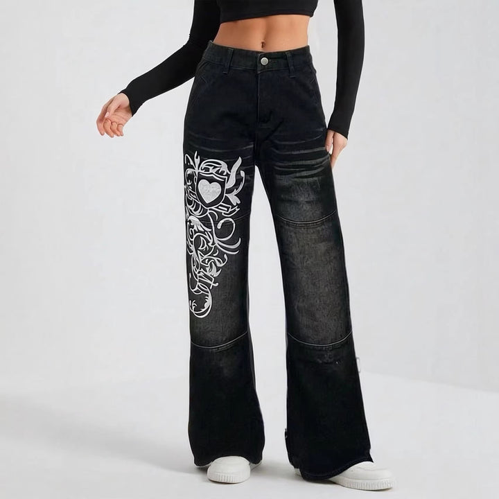 Damer vida jeans med konstnärlig tryck Mirla-Eva Jonsson