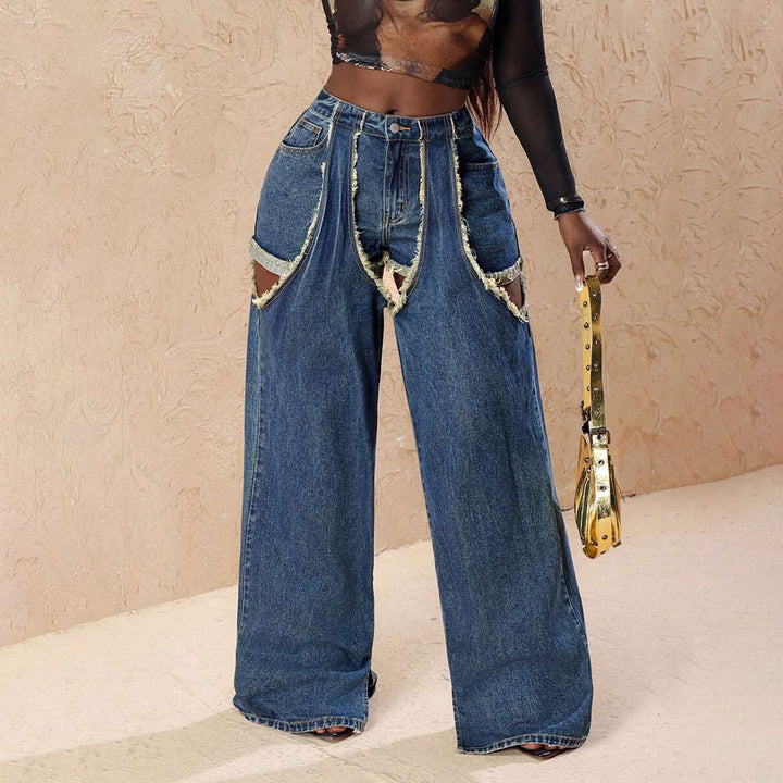 Damer vida jeans med stiliga cut-outs och fransar Mirla-Eva Jonsson