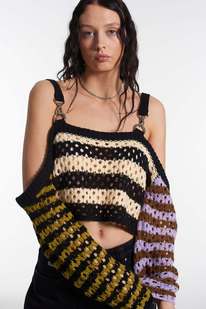 Damer virkad Crop-Top med kreativa ränder och dekorativa ärmar Mirla-Eva Jonsson