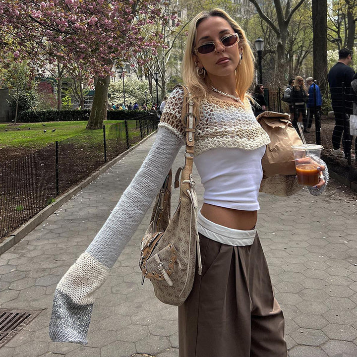 Damer virkad Crop-Top med långa ärmar och färgglada ränder Mirla-Eva Jonsson