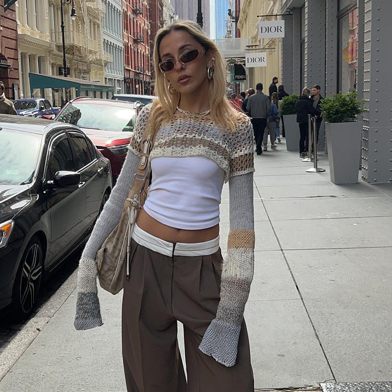 Damer virkad Crop-Top med långa ärmar och färgglada ränder Mirla-Eva Jonsson