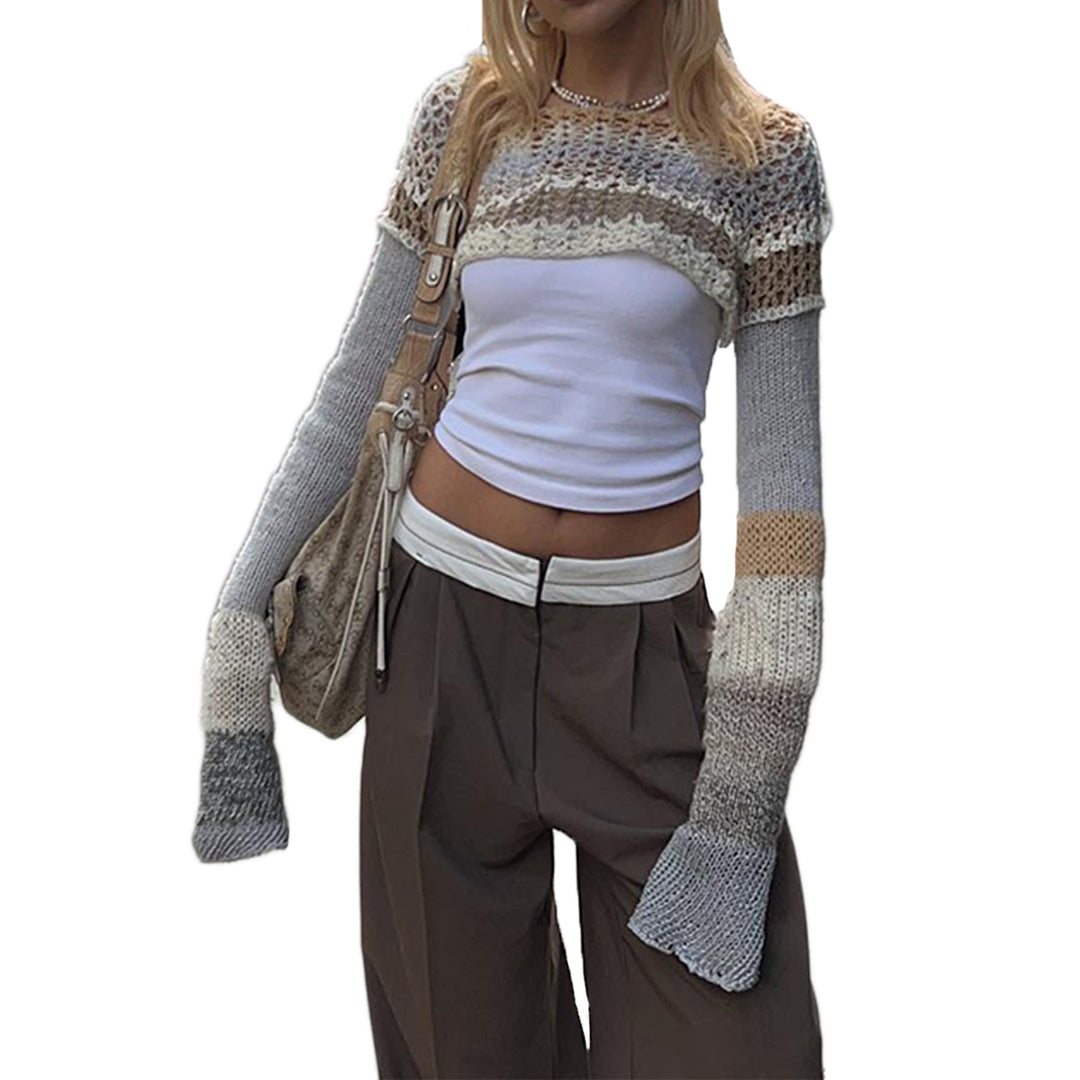 Damer virkad Crop-Top med långa ärmar och färgglada ränder Mirla-Eva Jonsson