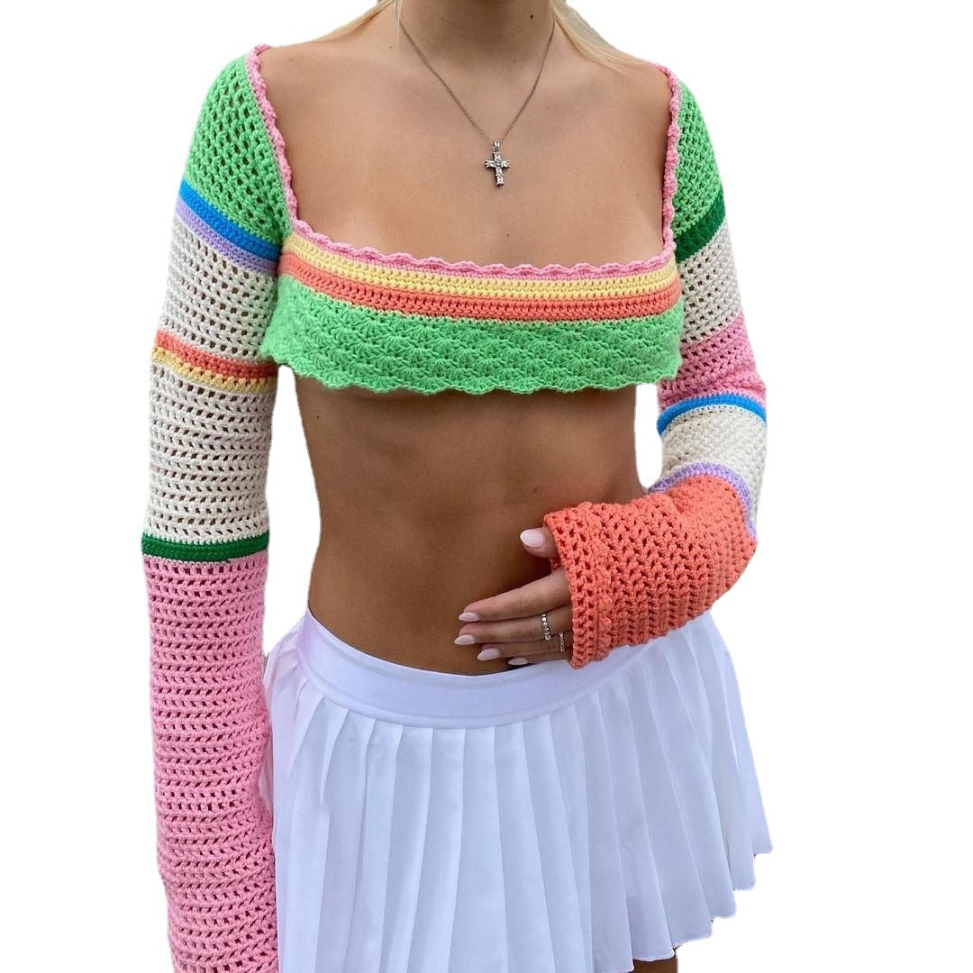 Damer virkad Crop-Top med långa ärmar och färgglada ränder Mirla-Eva Jonsson