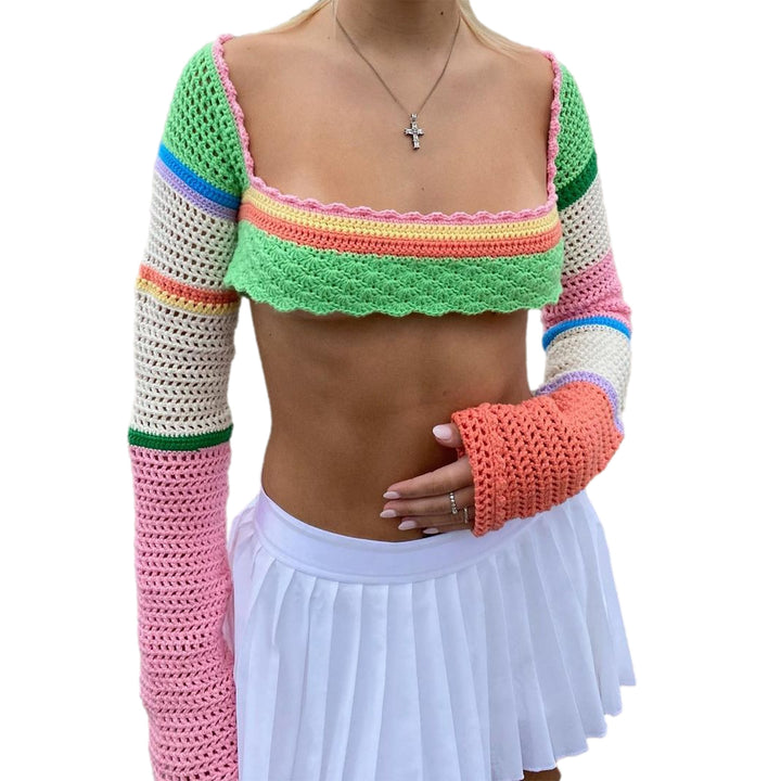 Damer virkad Crop-Top med långa ärmar och färgglada ränder Mirla-Eva Jonsson