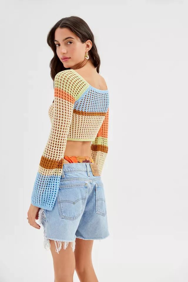 Damer virkad Crop-Top med vida ärmar och färgglada ränder Mirla-Eva Jonsson