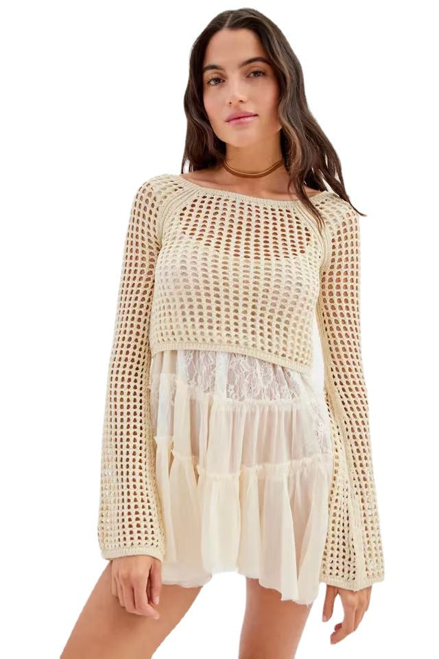 Damer virkad Crop-Top med vida ärmar och färgglada ränder Mirla-Eva Jonsson