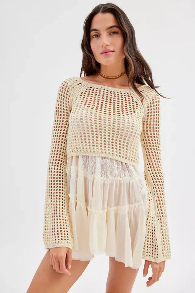 Damer virkad Crop-Top med vida ärmar och färgglada ränder Mirla-Eva Jonsson