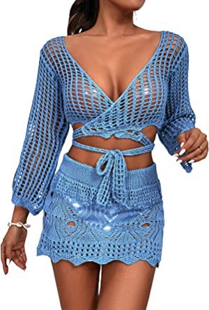 Damer virkad Crop-Top och minikjol-set med eleganta knyt-detaljer Mirla-Eva Jonsson