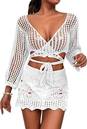 Damer virkad Crop-Top och minikjol-set med eleganta knyt-detaljer Mirla-Eva Jonsson
