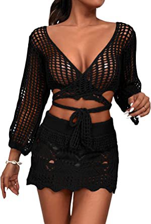 Damer virkad Crop-Top och minikjol-set med eleganta knyt-detaljer Mirla-Eva Jonsson