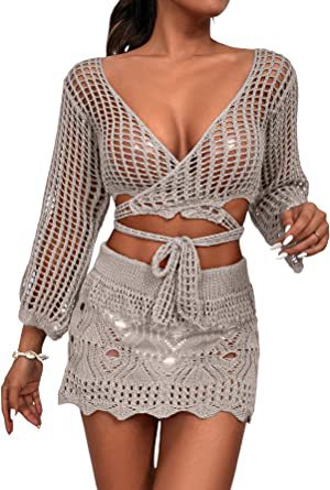 Damer virkad Crop-Top och minikjol-set med eleganta knyt-detaljer Mirla-Eva Jonsson