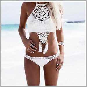 Damer virkad bikini-set med unikt design och fransar Mirla-Eva Jonsson