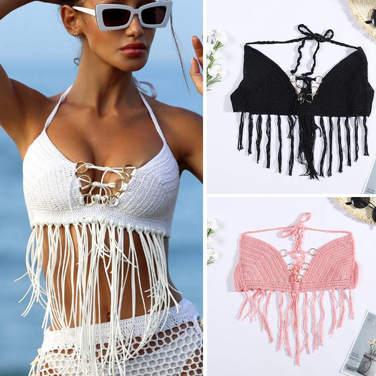 Damer virkad bikiniöverdel med fransar och dekorativa ringar Mirla-Eva Jonsson