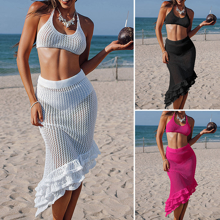 Damer virkad bikinitupperset med asymmetrisk kjol och fransar Mirla-Eva Jonsson