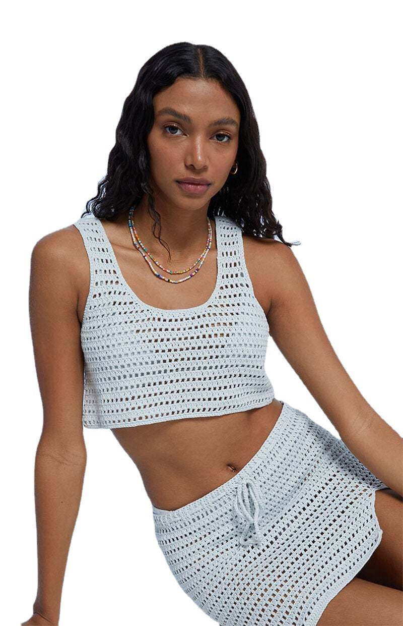 Damer virkad strandset med crop-top och minikjol Mirla-Eva Jonsson
