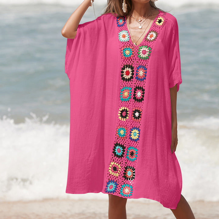 Damer virkad strandtunika i avslappnad oversize-stil med färgglada applikationer Mirla-Eva Jonsson