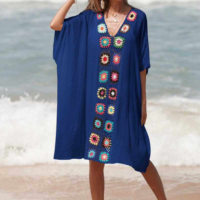 Damer virkad strandtunika i avslappnad oversize-stil med färgglada applikationer Mirla-Eva Jonsson