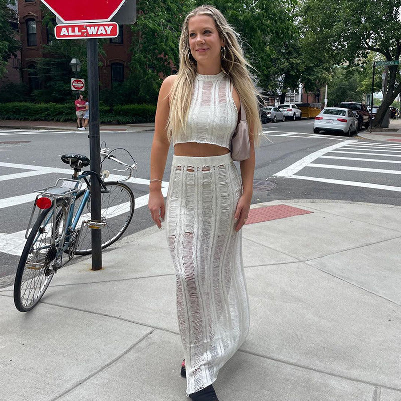 Damer virkade crop-top och maxikjol-set Mirla-Eva Jonsson