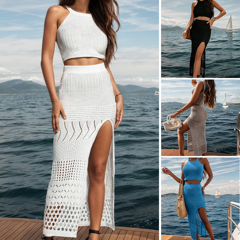 Damer virkade maxi-kjol-outfit med feminina slitdetaljer och cropped topp Mirla-Eva Jonsson