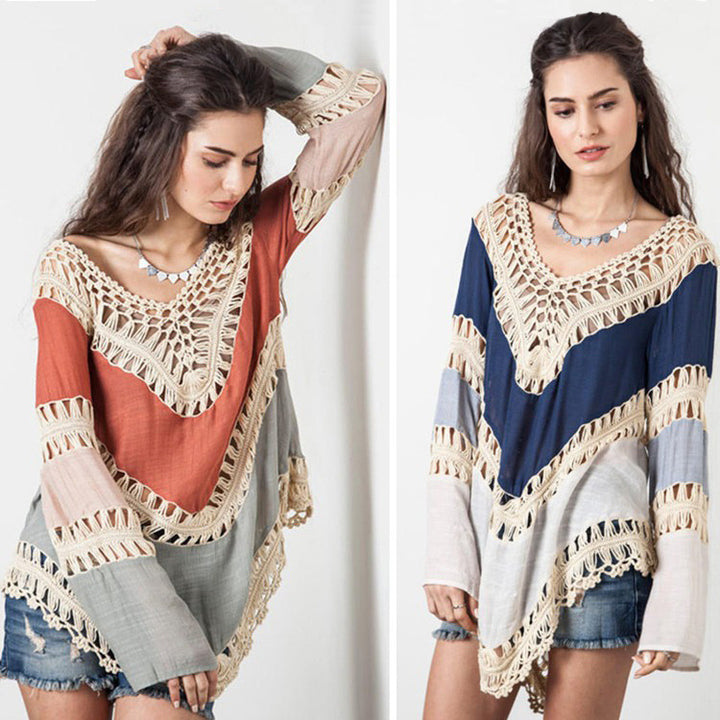 Damer virkat strandtunikan med elegant V-hals och dekorativt Mc-mönster Mirla-Eva Jonsson