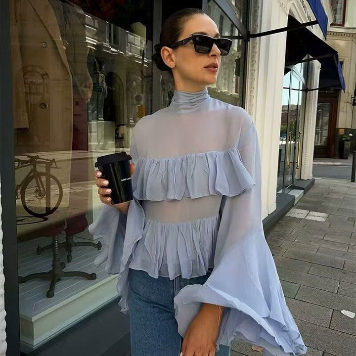 Damer volangblus med bred vingenärm och elegant halsbindning Mirla-Eva Jonsson