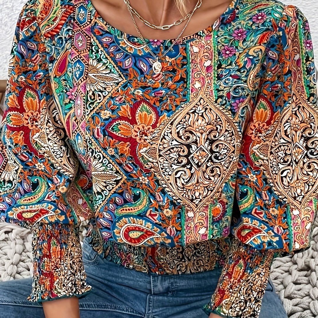 Damer volangblus med färgglad boho-design och elastisk midja Mirla-Eva Jonsson
