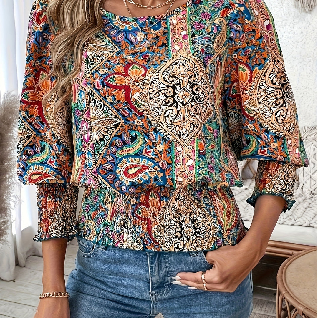 Damer volangblus med färgglad boho-design och elastisk midja Mirla-Eva Jonsson