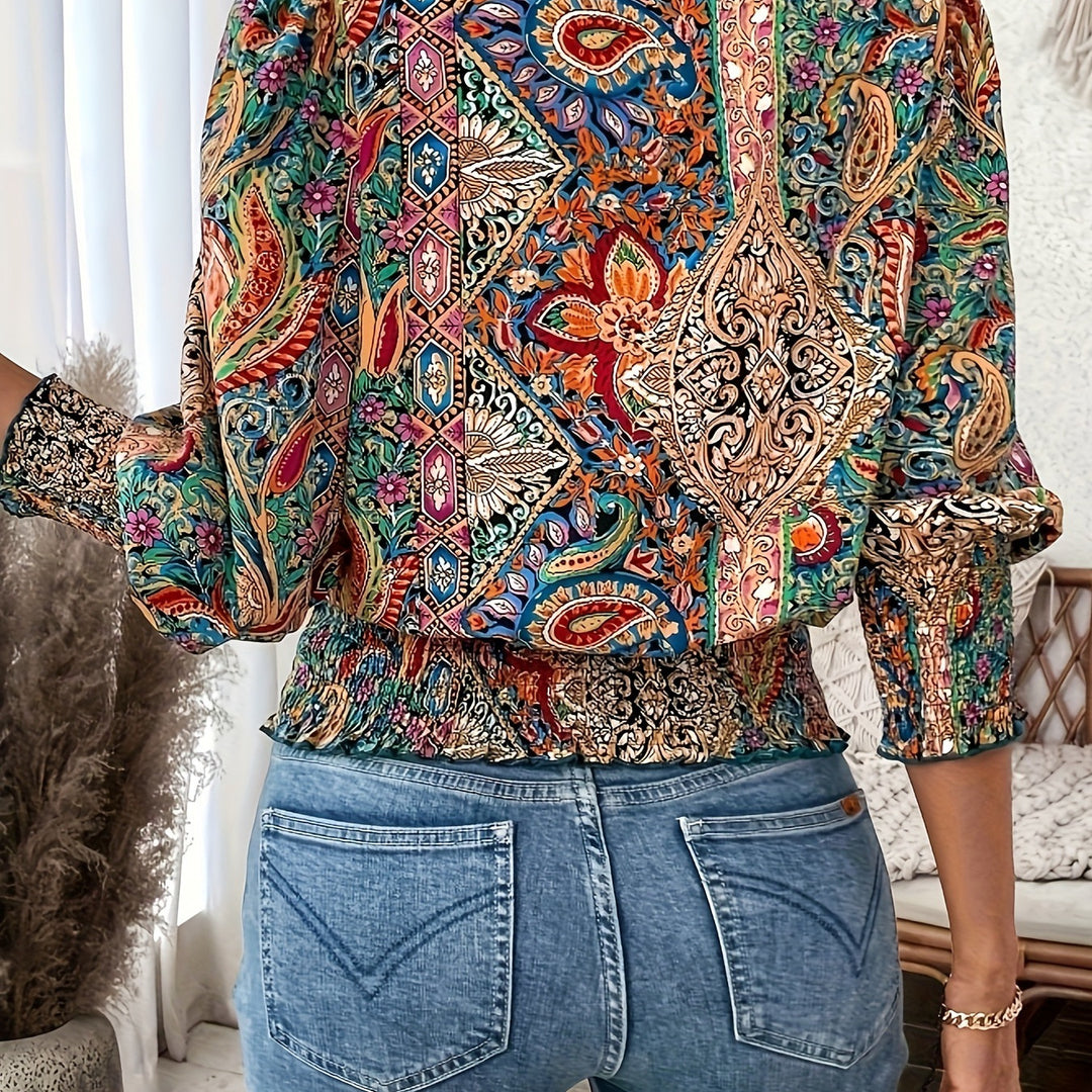 Damer volangblus med färgglad boho-design och elastisk midja Mirla-Eva Jonsson