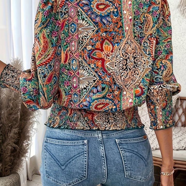 Damer volangblus med färgglad boho-design och elastisk midja Mirla-Eva Jonsson