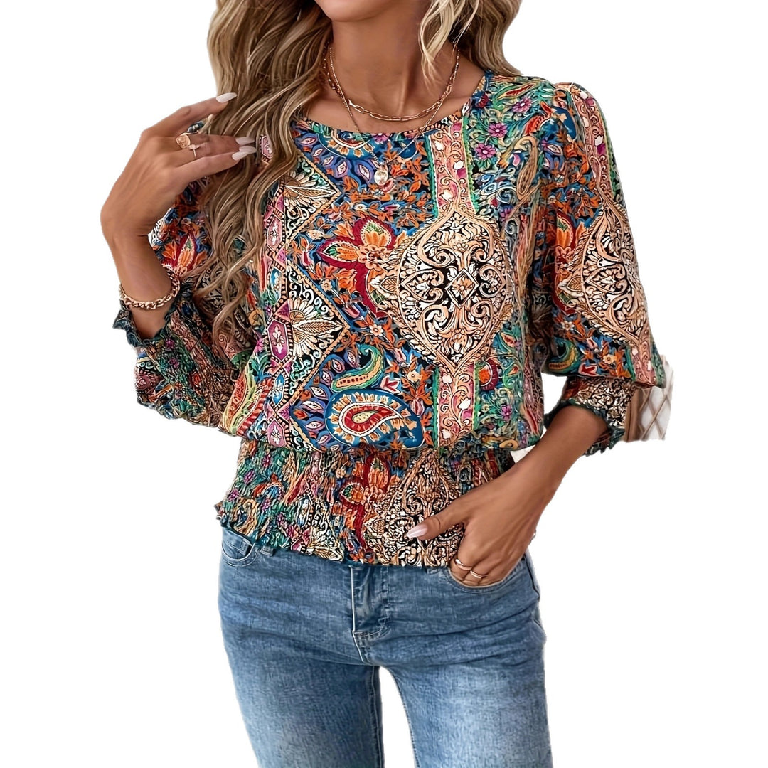 Damer volangblus med färgglad boho-design och elastisk midja Mirla-Eva Jonsson