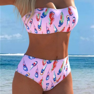 Damern Bandeau-bikini med unik fjädermönster och hög midja Mirla-Eva Jonsson