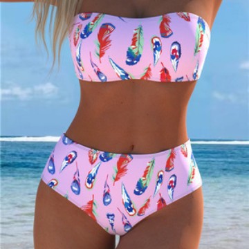 Damern Bandeau-bikini med unik fjädermönster och hög midja Mirla-Eva Jonsson