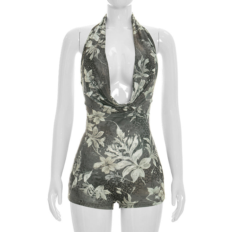 Damern Bodycon Playsuit med djup U-ringning och djurmönster Mirla-Eva Jonsson