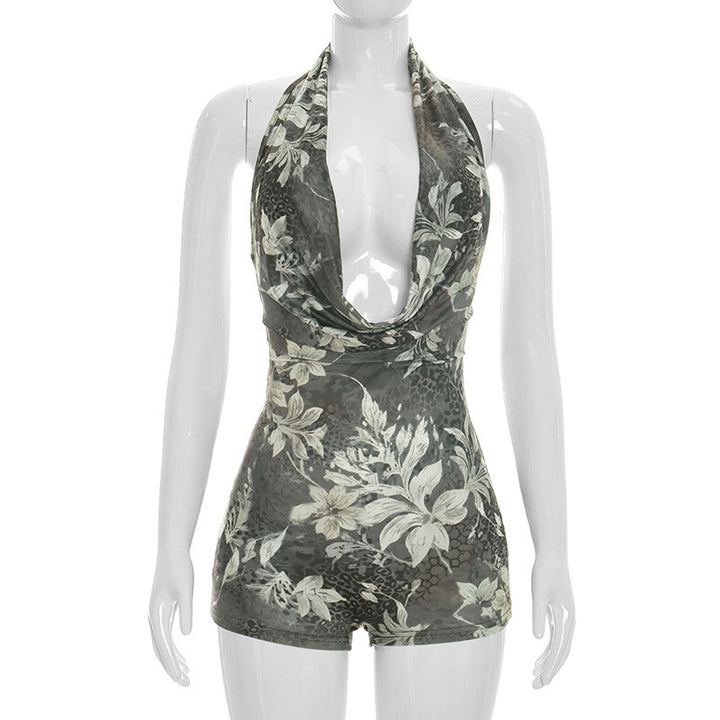 Damern Bodycon Playsuit med djup U-ringning och djurmönster Mirla-Eva Jonsson