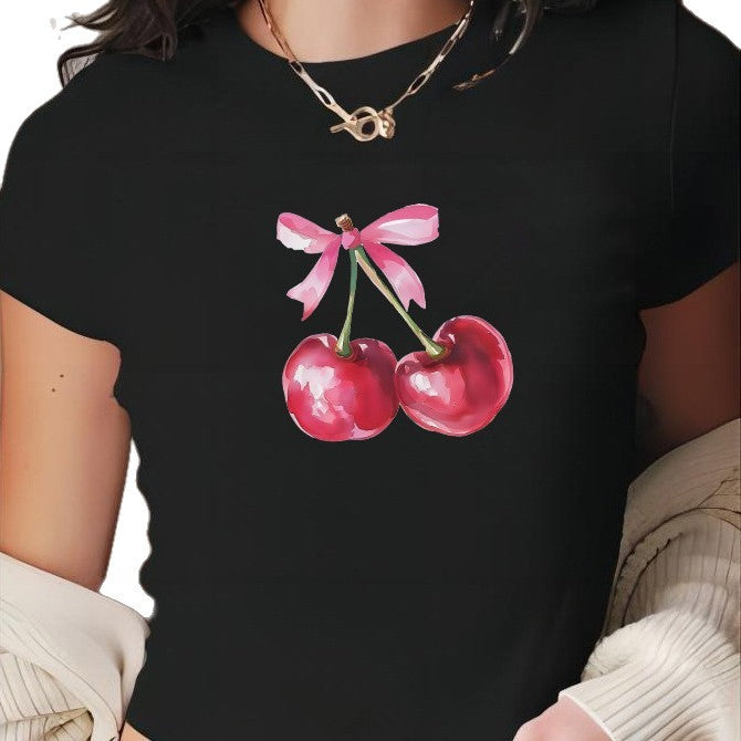 Damern Crop-T-Shirt med glatt körsbärsmotiv Mirla-Eva Jonsson