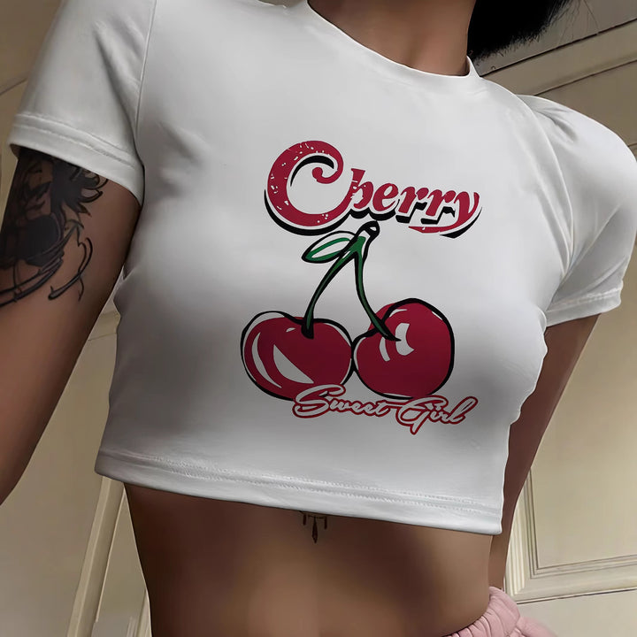 Damern Crop-T-Shirt med glatt körsbärsmotiv Mirla-Eva Jonsson