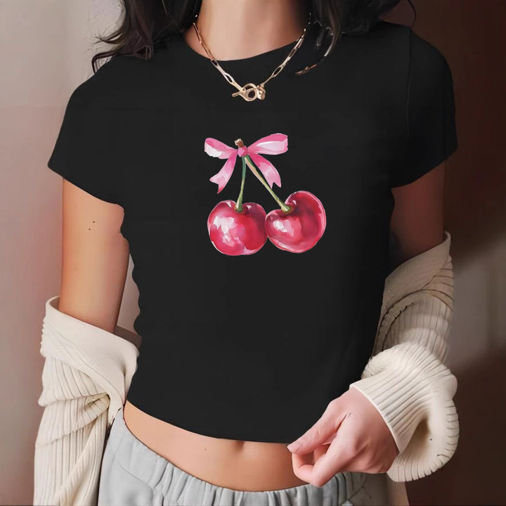 Damern Crop-T-Shirt med glatt körsbärsmotiv Mirla-Eva Jonsson