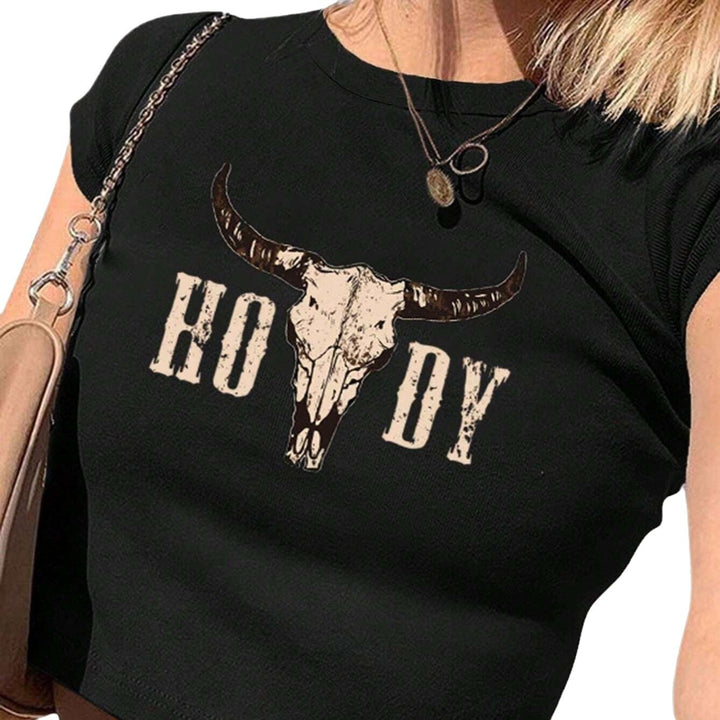 Damern Crop-T-shirt med kreativt Cow Skull Design Mirla-Eva Jonsson