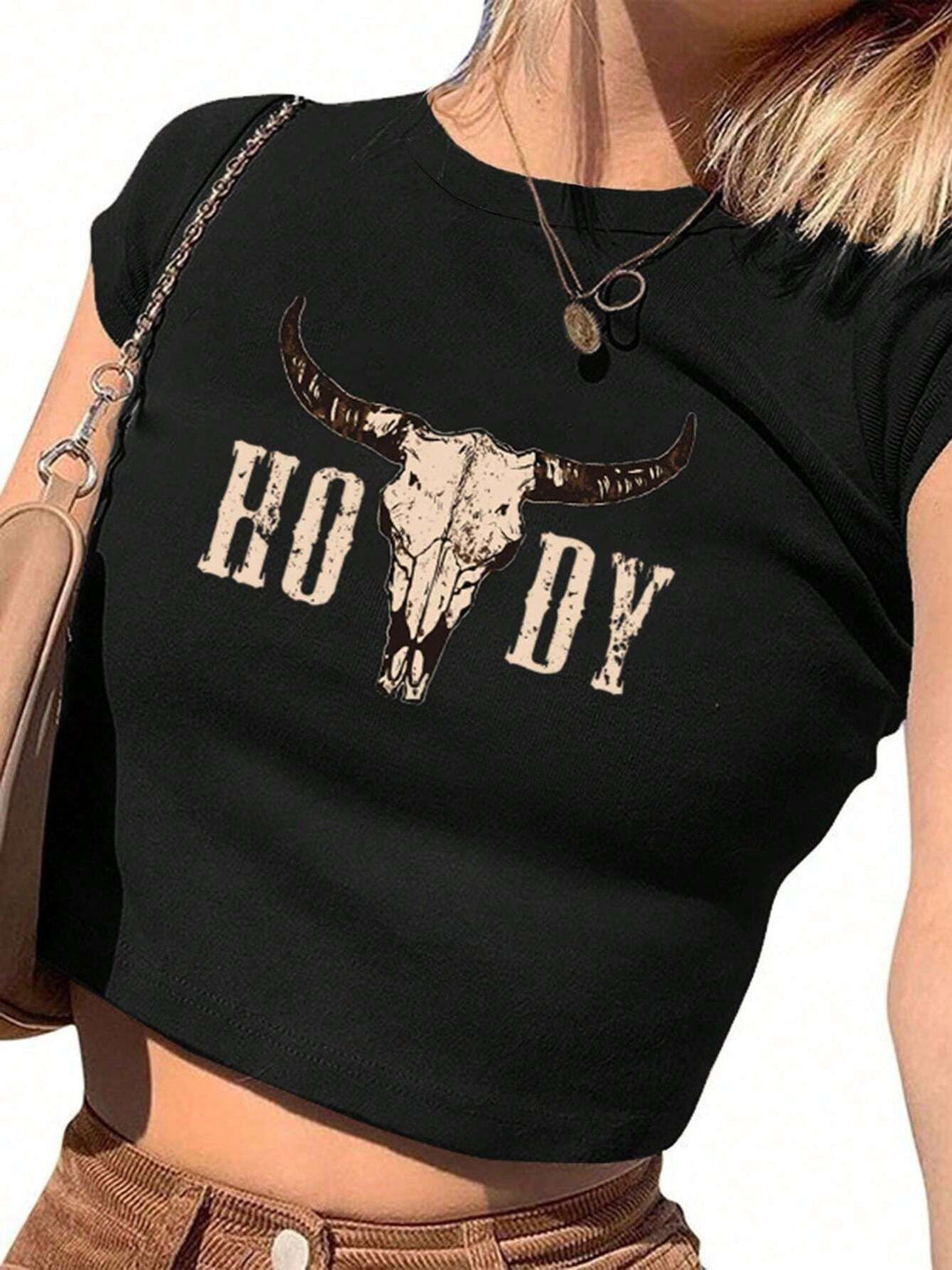 Damern Crop-T-shirt med kreativt Cow Skull Design Mirla-Eva Jonsson