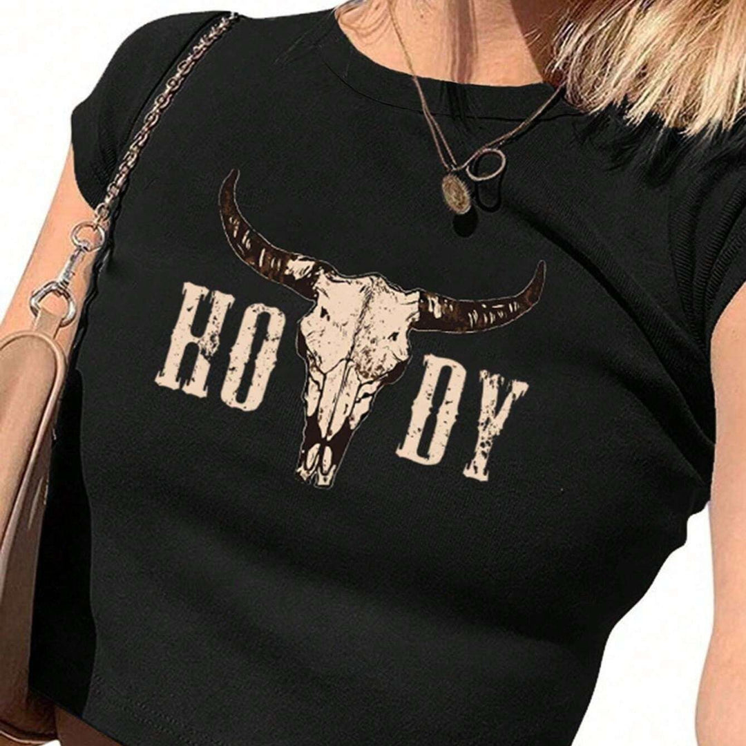Damern Crop-T-shirt med kreativt Cow Skull Design Mirla-Eva Jonsson