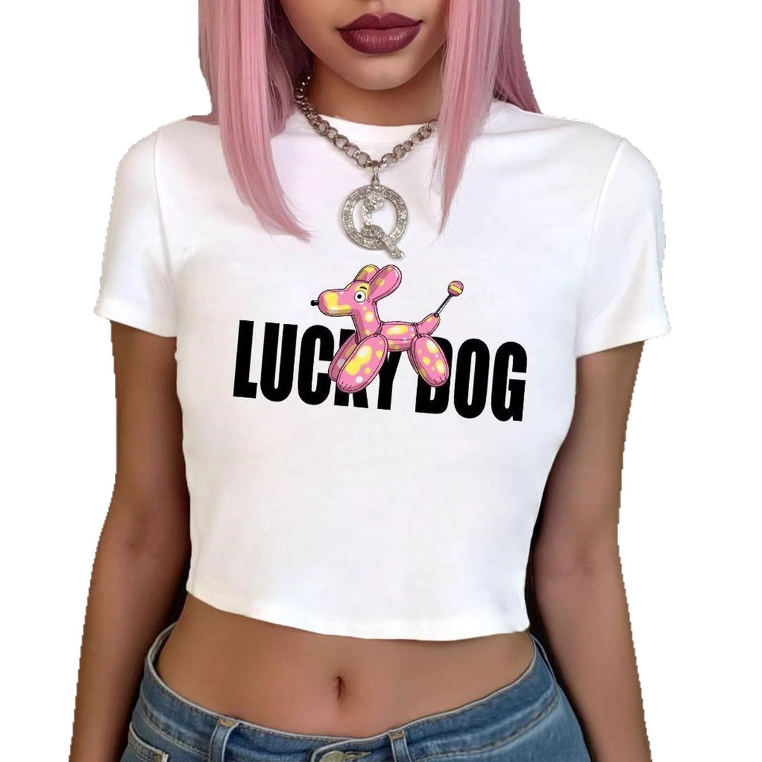 Damern Crop-Top T-shirt med roligt ballonghund-design Mirla-Eva Jonsson