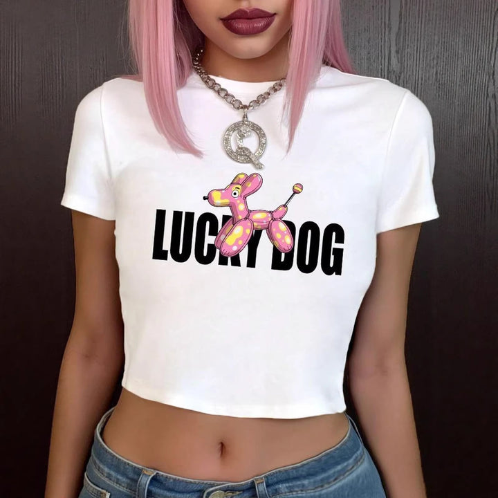 Damern Crop-Top T-shirt med roligt ballonghund-design Mirla-Eva Jonsson