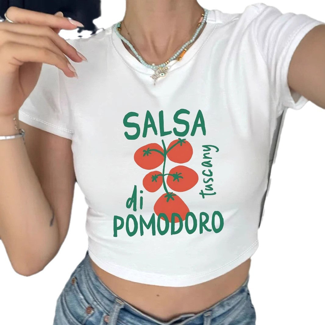 Damern Crop-Top med kreativ tomatmotiv och rolig text Mirla-Eva Jonsson