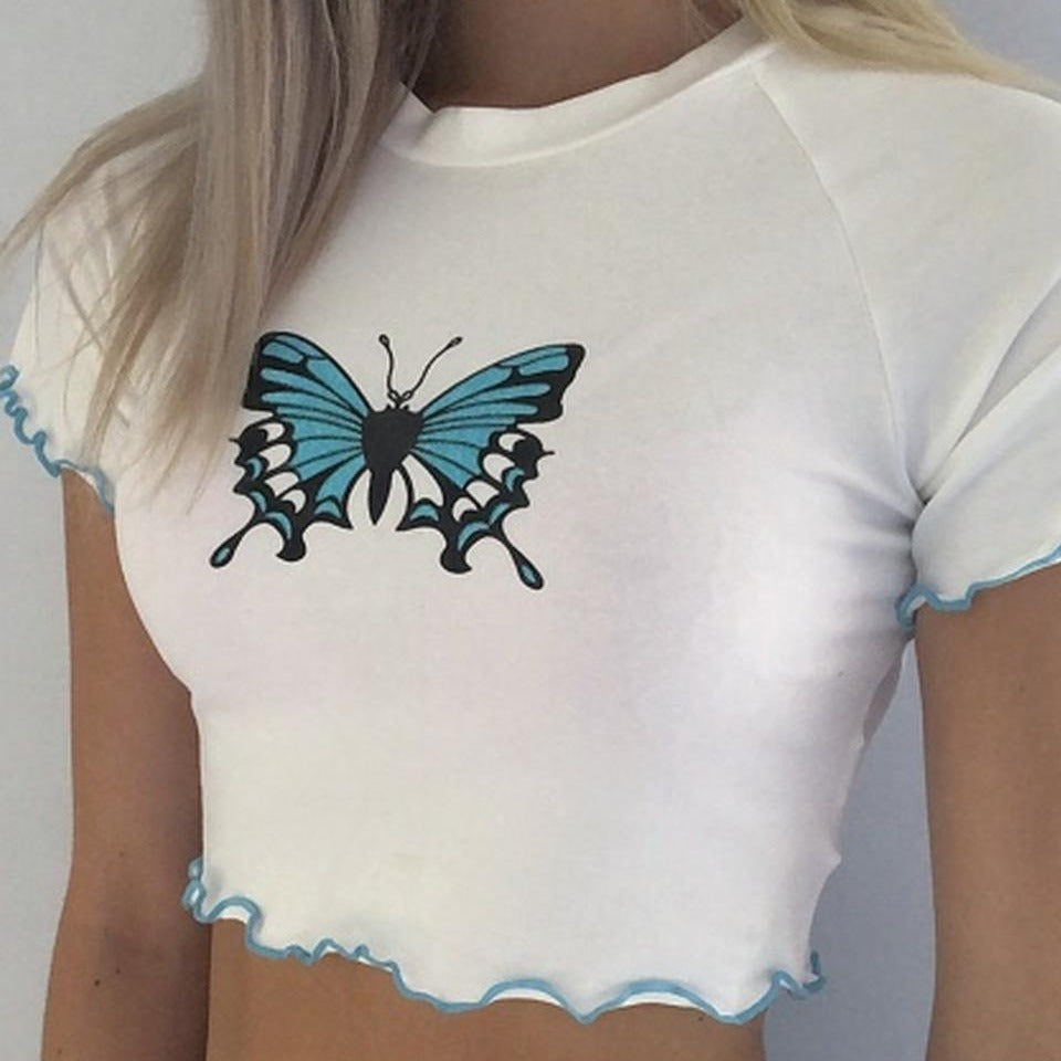 Damern Crop-top med kreativ fjärilstryck och vågig fåll Mirla-Eva Jonsson