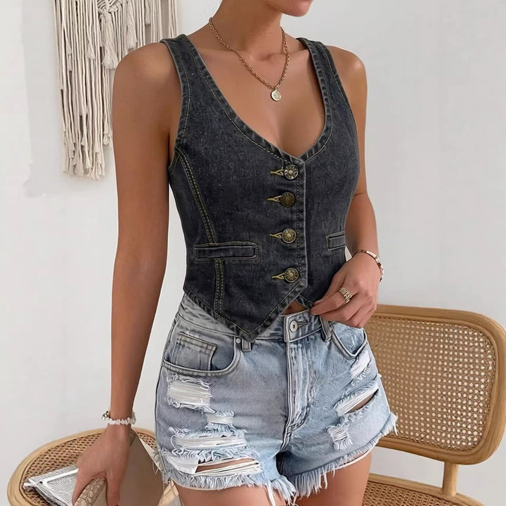 Damern Denim Bustier-Top med knappr detaljer och förlängd silhuett Mirla-Eva Jonsson