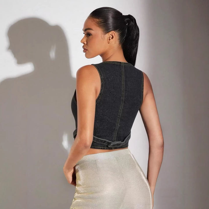 Damern Denim Bustier-Top med knappr detaljer och förlängd silhuett Mirla-Eva Jonsson