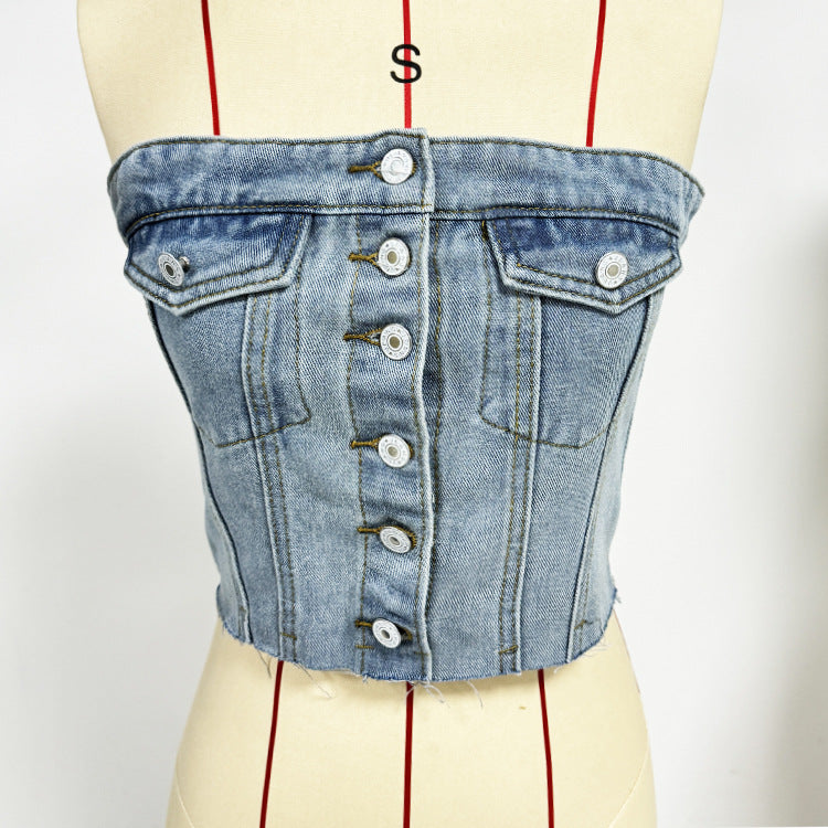 Damern Denim Bustier-top med knapplist och figursydd design Mirla-Eva Jonsson