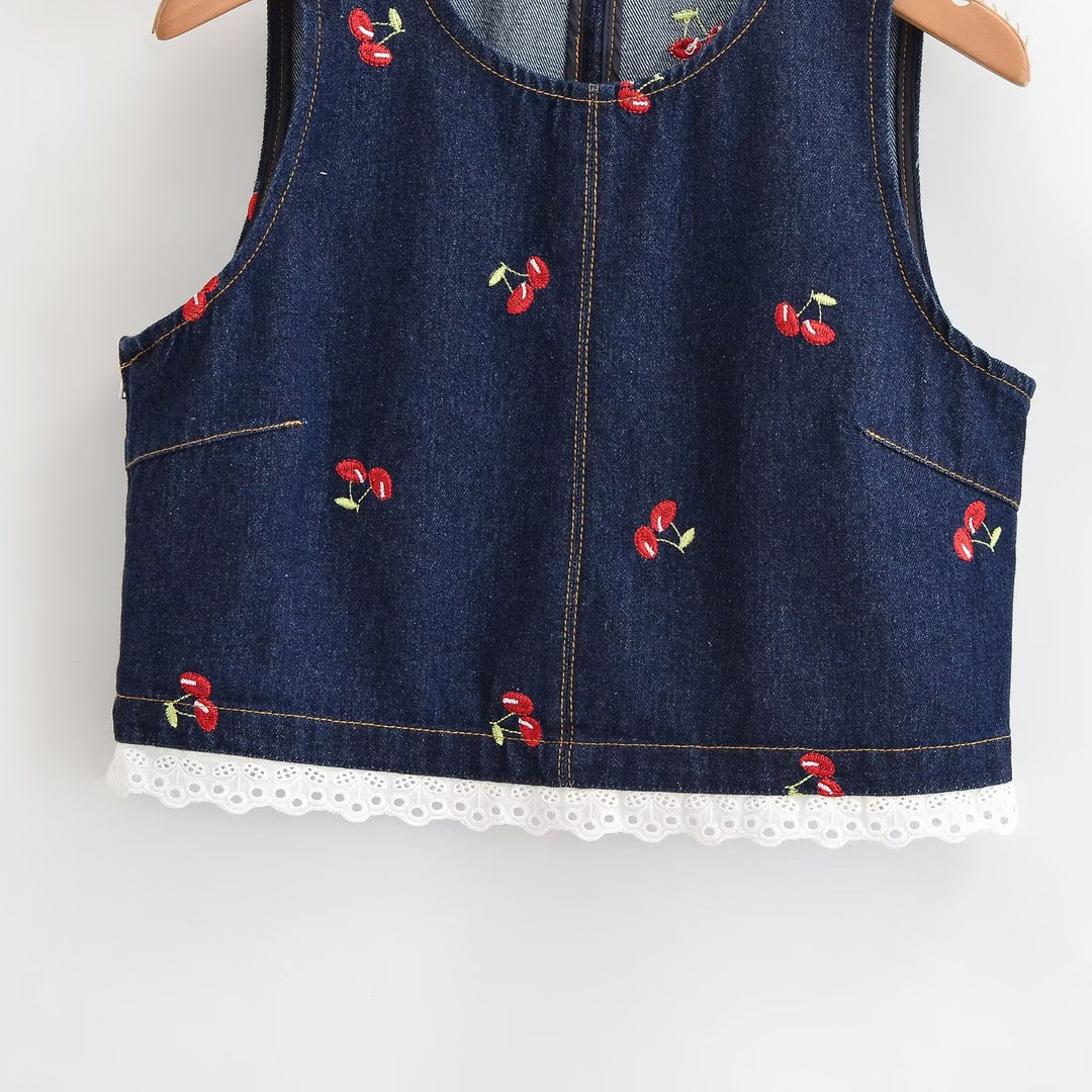 Damern Designer-Cropped-Top med blommotiv broderi och spetsdetalj Mirla-Eva Jonsson